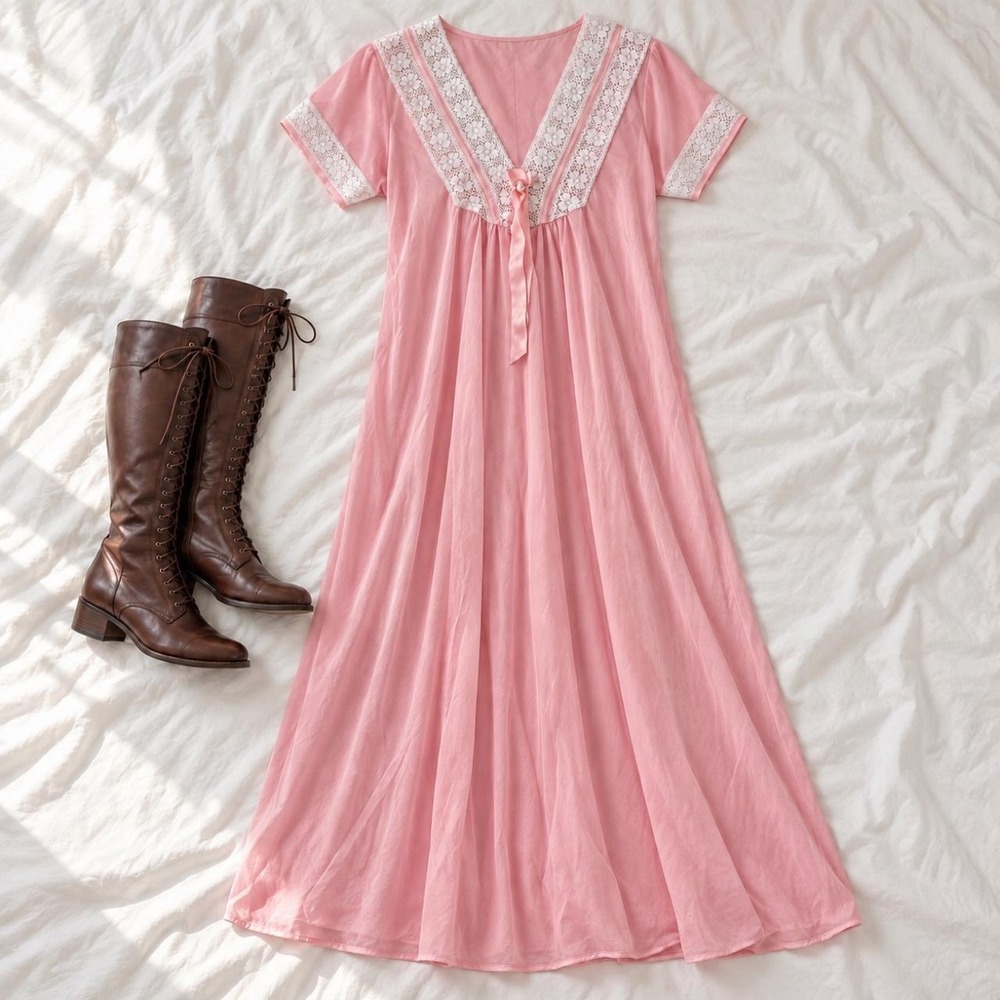 Vintage Lace Nightgown 70s pink lace nightgown size medium romantic